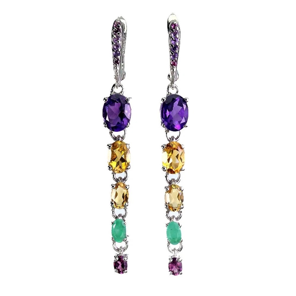 Sold!!  Amethyst, Citrine, Emerald & Garnet drop earrings in 925 Sterling Silver